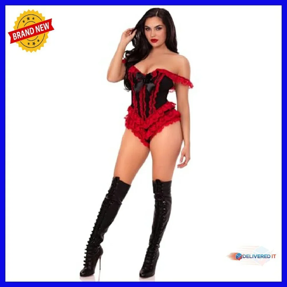 Boned Ruffle Bodysuit Sweetheart Neckline Lace Trim XS-XL